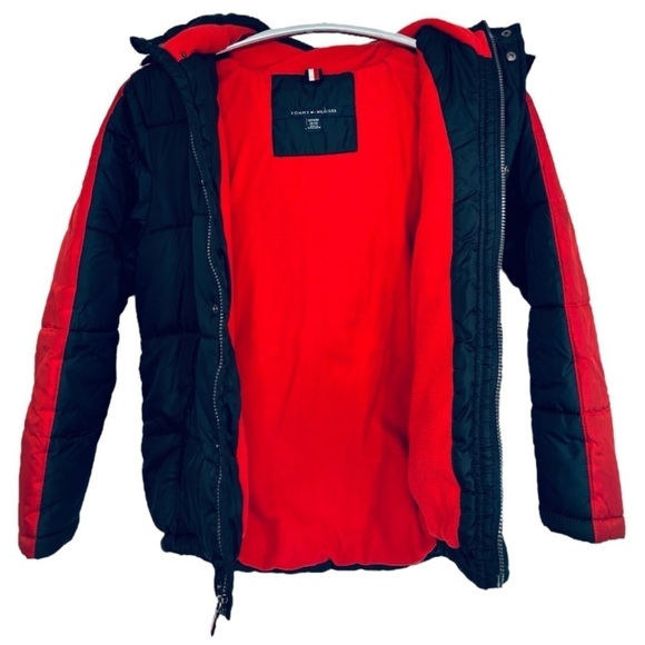 TOMMY HILFIGER FULL ZIP HOODED LINED PUFFER JACKET, NAVY BLUE & RED, Med (10/12) - Picture 6 of 10